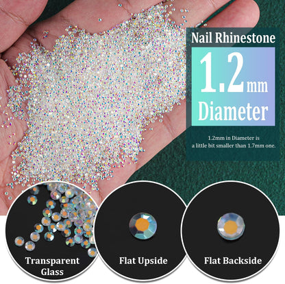 Tiny Nail Rhinestones 5000Pcs 1.2Mm Mini Pixie AB Glass Crystals for Nail Art Manicure Iridescent Long Lasting Shine Small Rhinestone Micro Dust Glitter Caviar Bead Sugar Gem